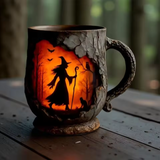 Handgefertigte 3D-Tasse – Hexen- und Katzendesign