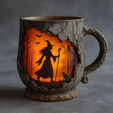 Handgefertigte 3D-Tasse – Hexen- und Katzendesign