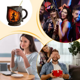 Handgefertigte 3D-Tasse – Hexen- und Katzendesign