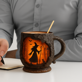 Handgefertigte 3D-Tasse – Hexen- und Katzendesign